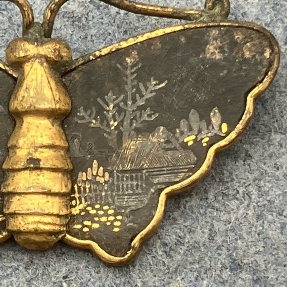 Komai Butterfly Pin Brooch Meiji Japanese As Is Vintage Gold Inlay Retro BoHo - Picture 5 of 10